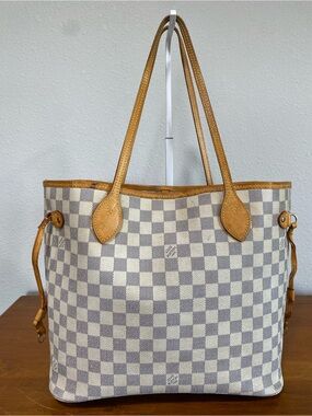 Cream and Beige Check Canvas Tote with Tan Leather Trim